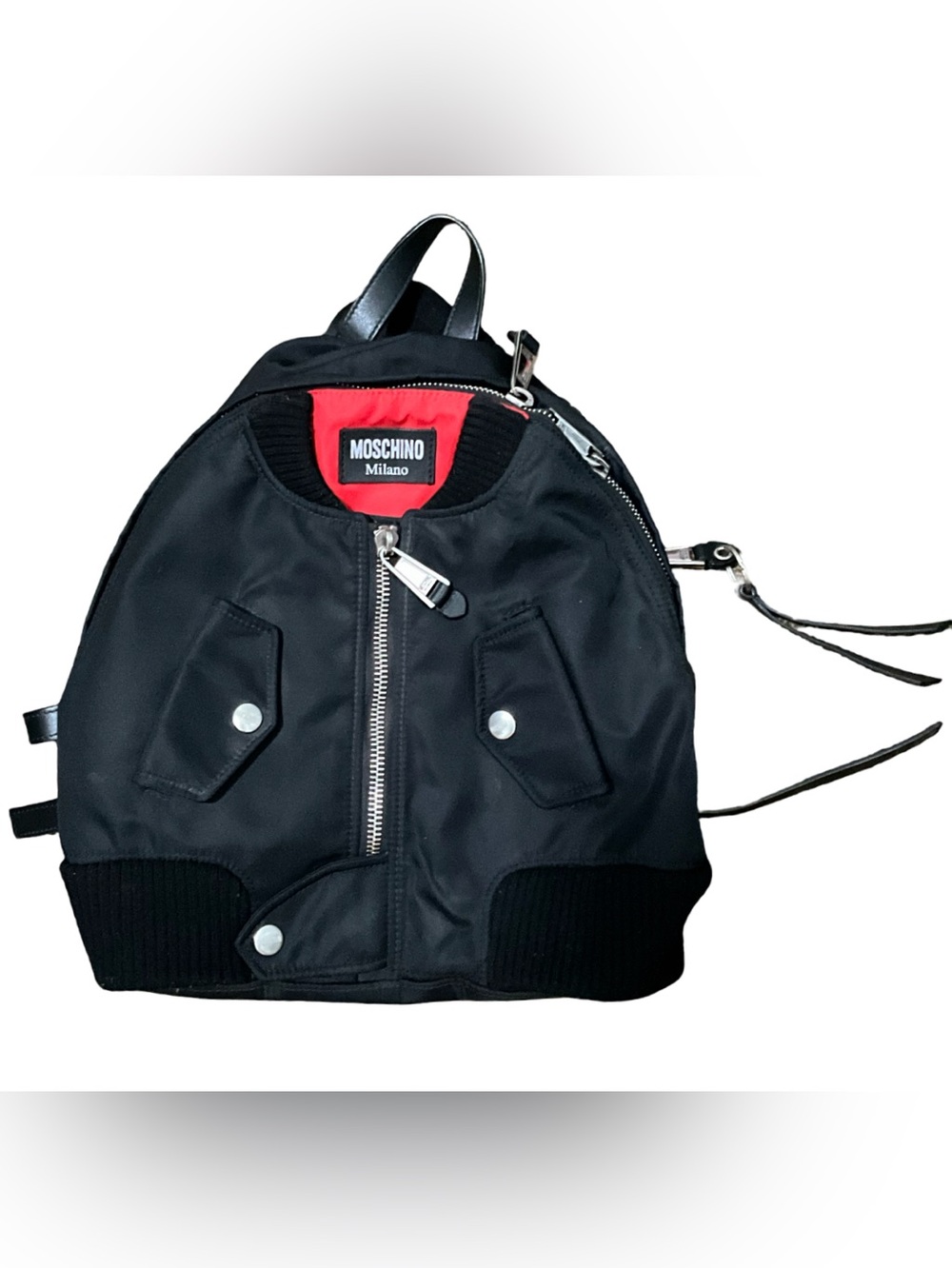 Moschino Milano Black Bomber Jacket Backpack Skull Crossbones Made in Italy